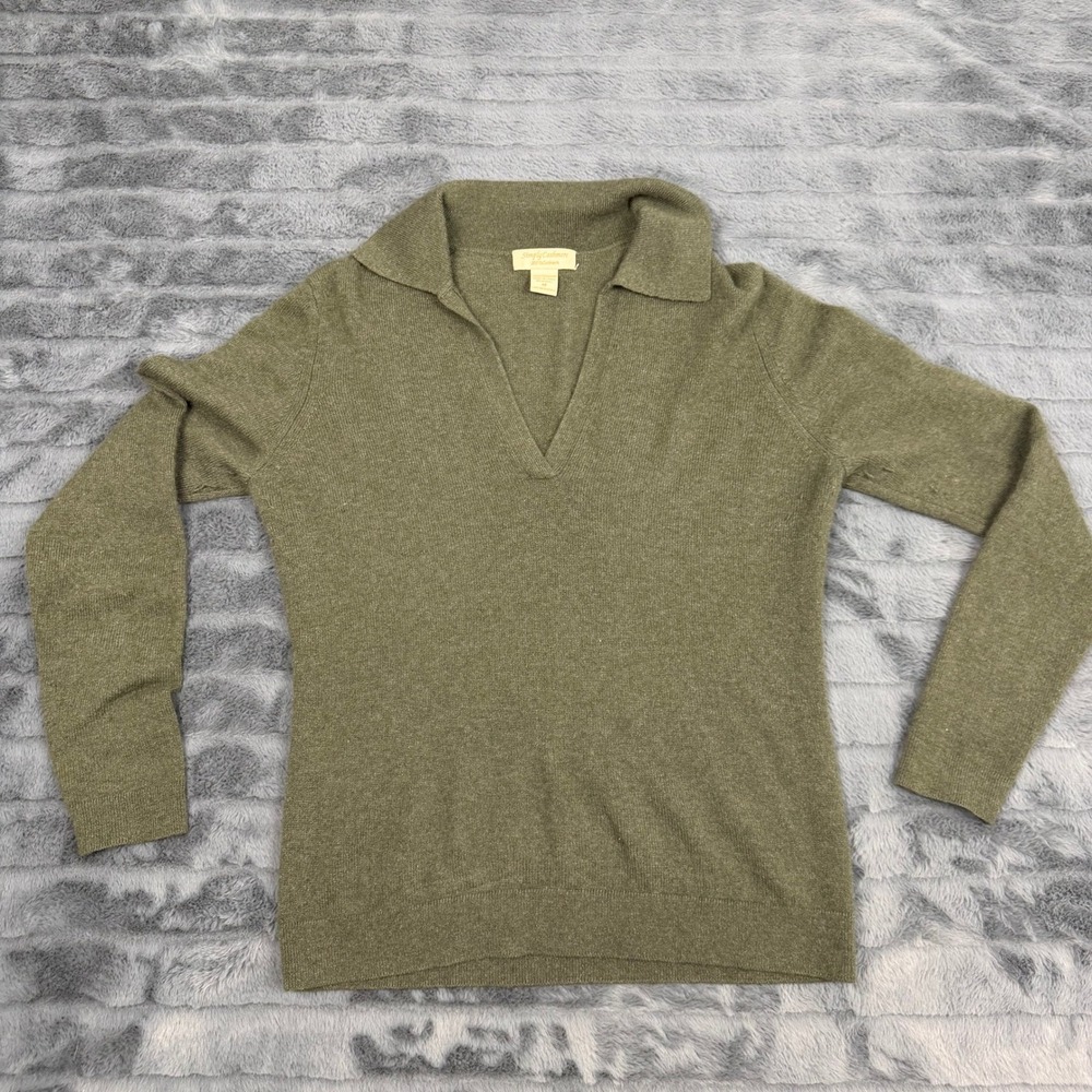 Simply Cashmere Womens Olive Green 100% Cashmere V-Neck Polo Sweater Size M